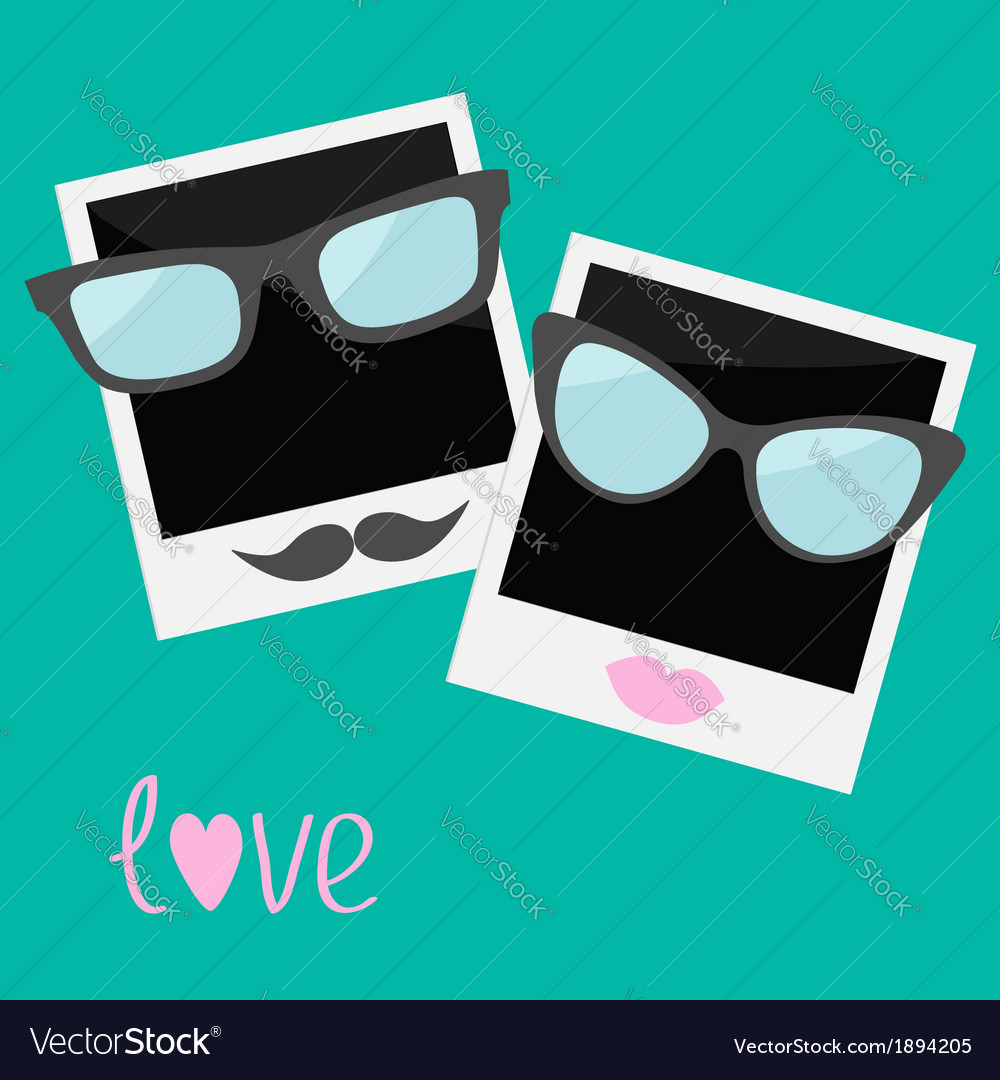 Two instant photos with lips moustache and glasses