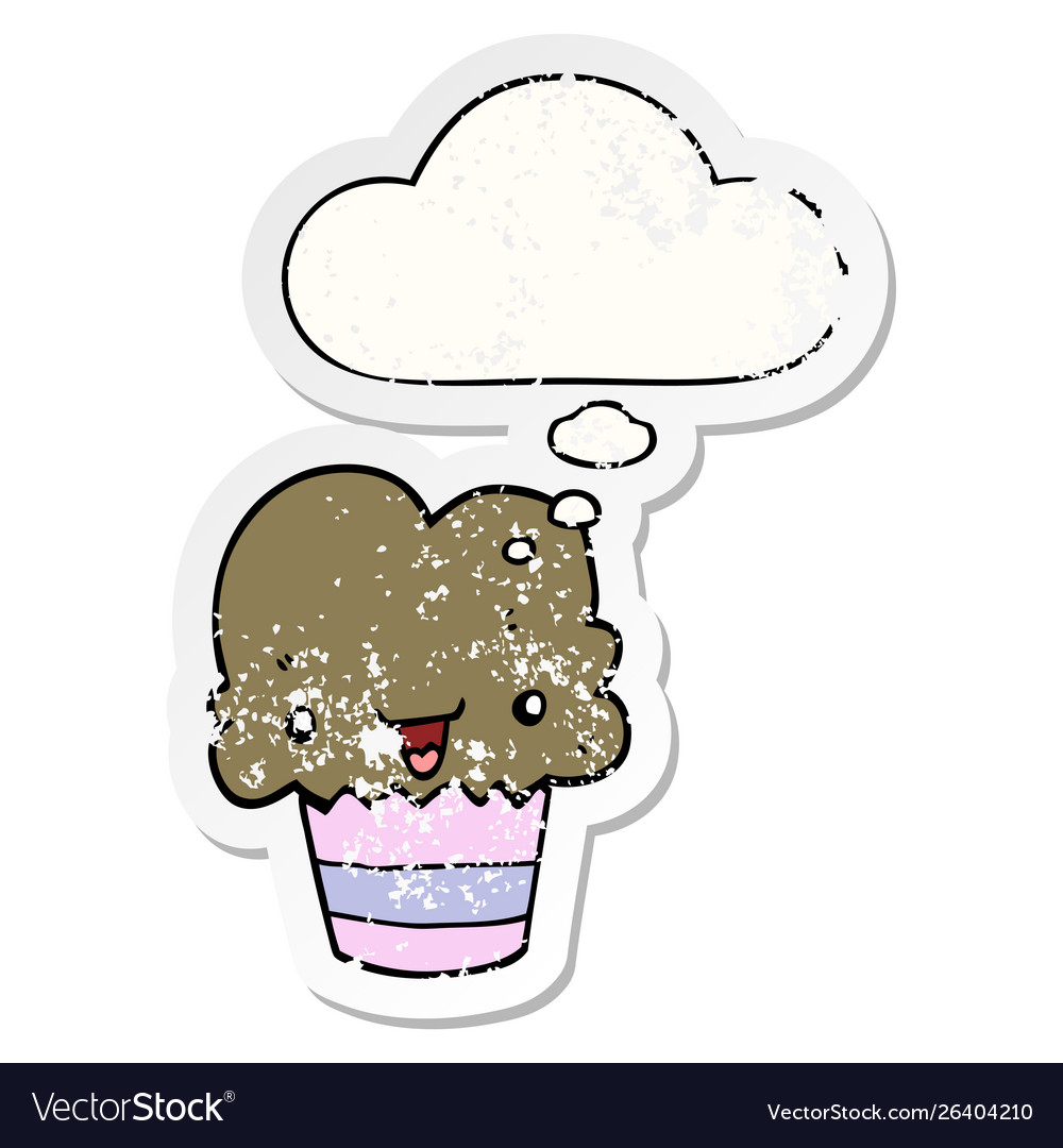 Cartoon cupcake with face and thought bubble