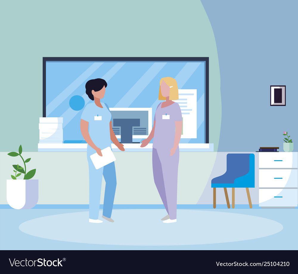 Female medicine workers in hospital reception Vector Image