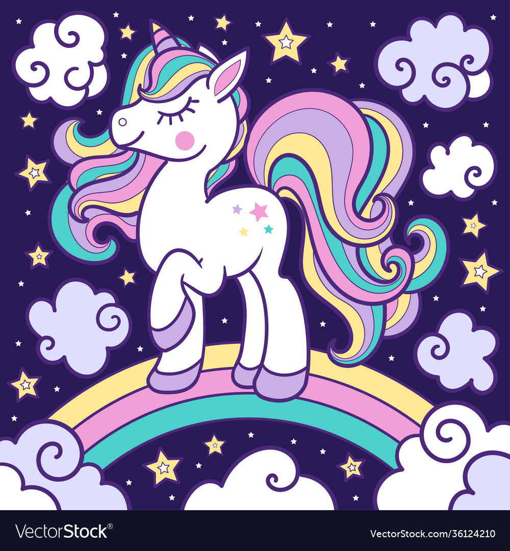 White unicorn with a rainbow mane on dark Vector Image