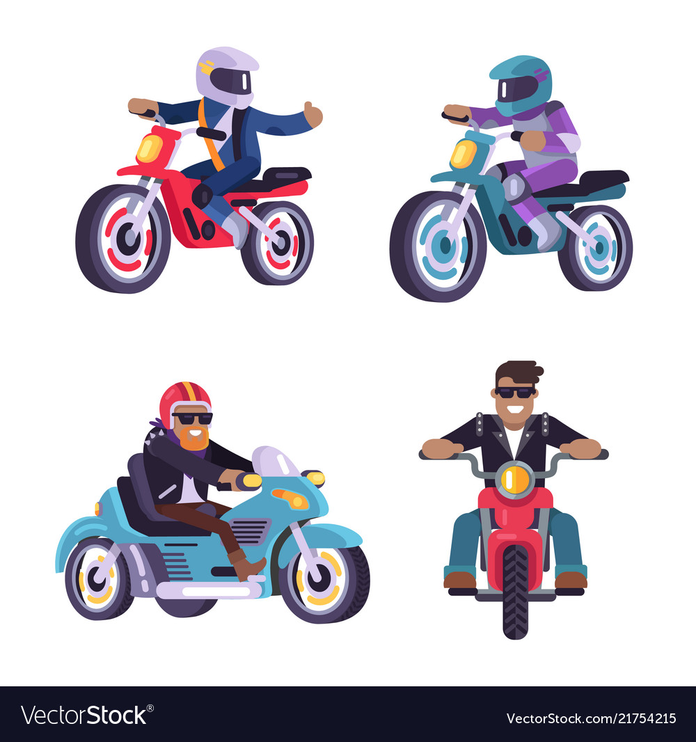 Collection of motorized bikes racers men isolated