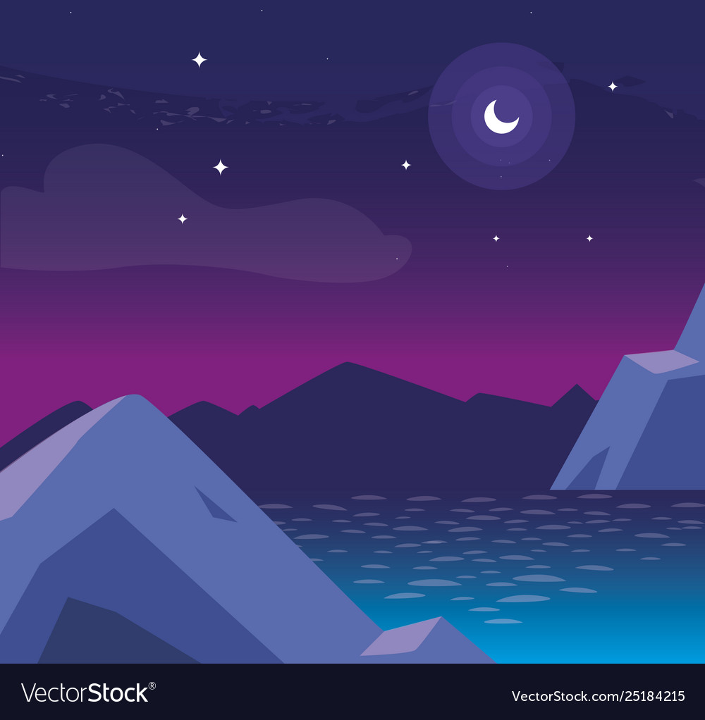 Lake and mountains at night scene