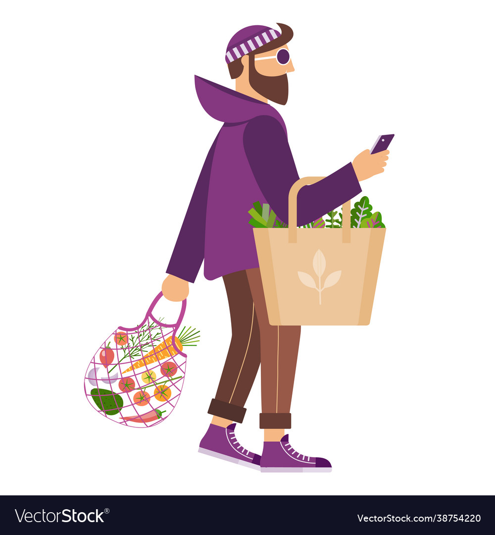 Bearded man on zero waste shopping vector image Bearded man on zero waste shopping