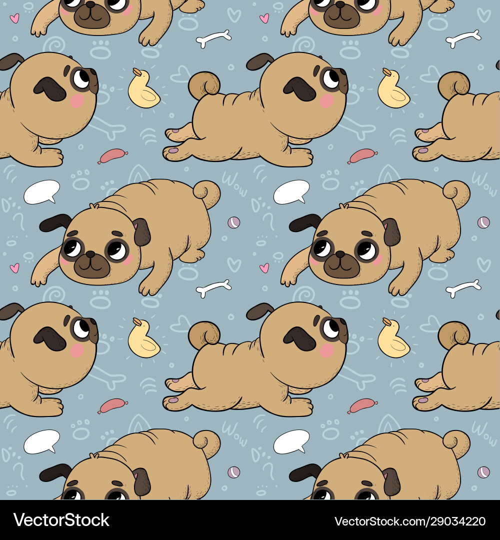 Cute Cartoon Pug Pattern Cheerful Funny Dog Vector Image