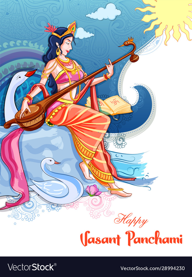 Goddess wisdom saraswati for vasant panchami Vector Image Goddess wisdom saraswati for vasant panchami Vector Image