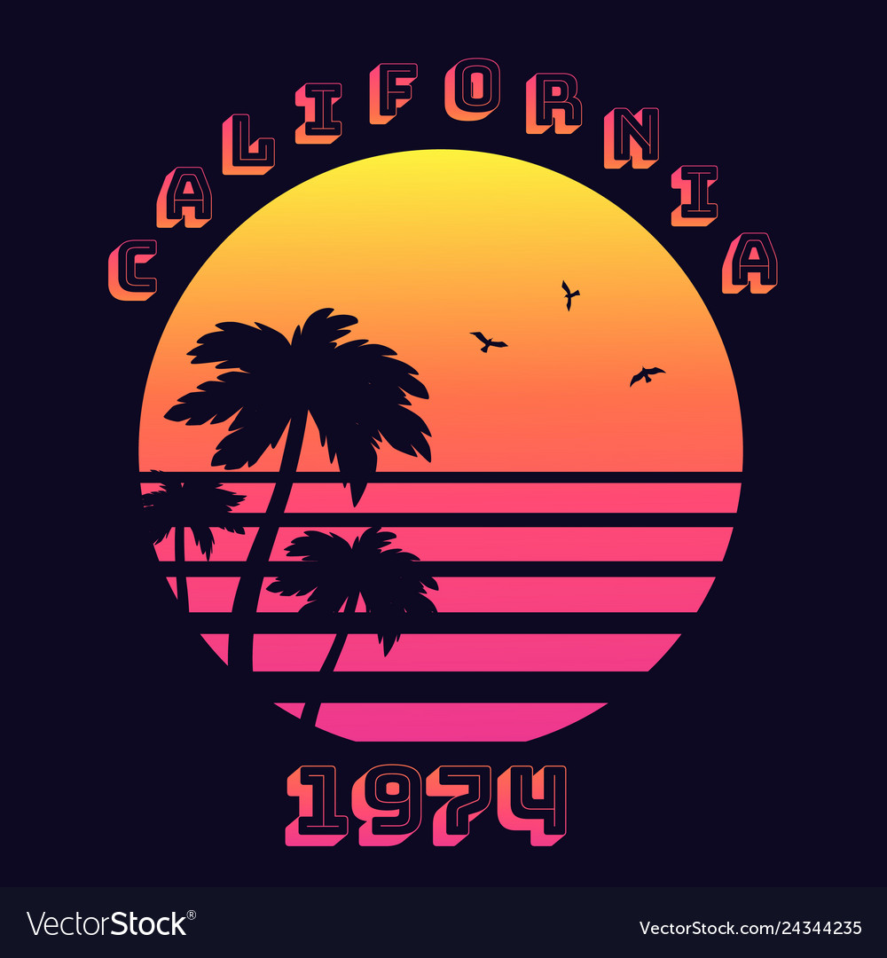 Summer tropical text california 1974 with sunset Vector Image