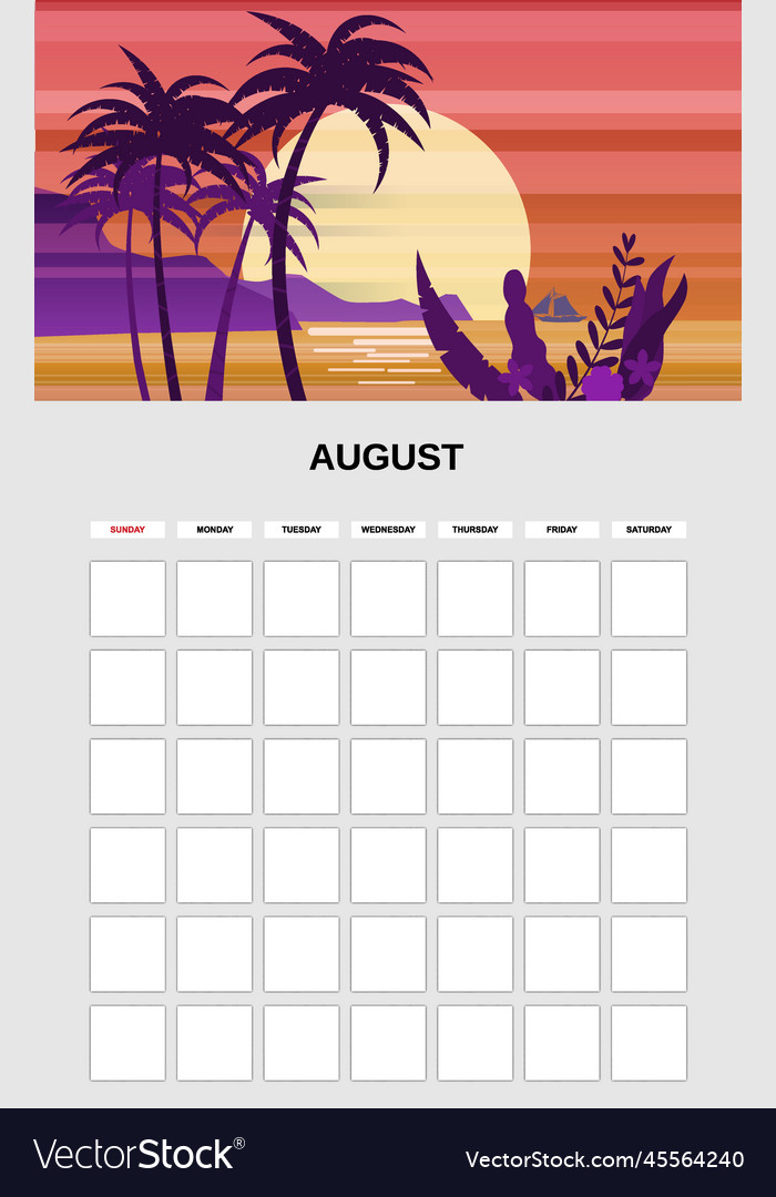 August calendar planner month minimalistic Vector Image