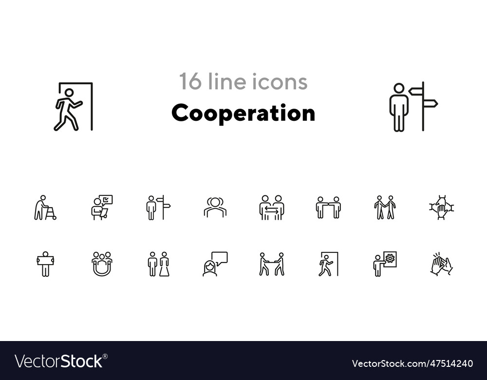 Cooperation line icon set people team