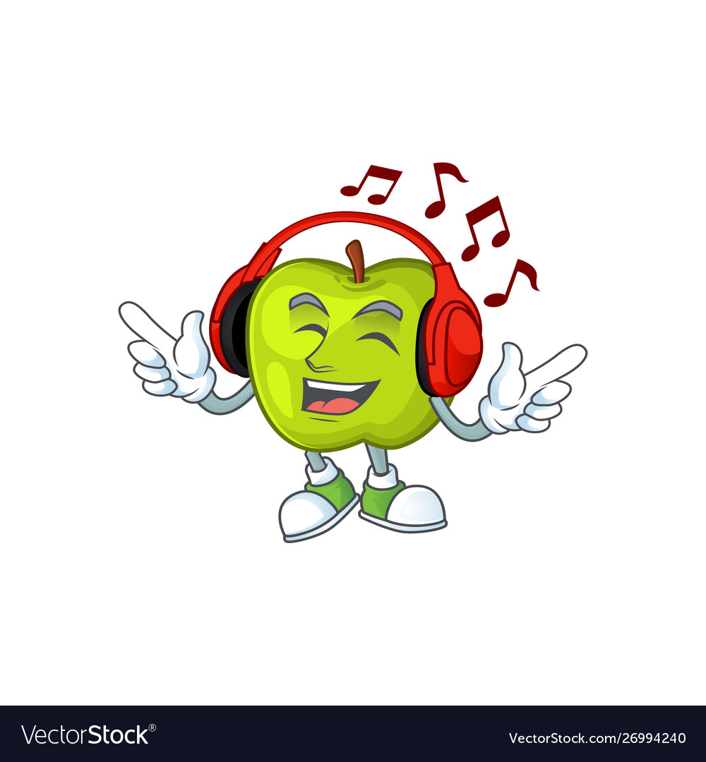 Listening music granny smith green apple cartoon Vector Image Listening music granny smith green apple cartoon Vector Image