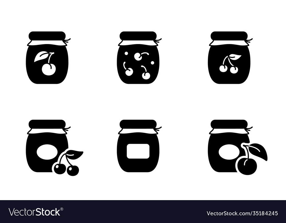 Cherry jam outline icons set different jars