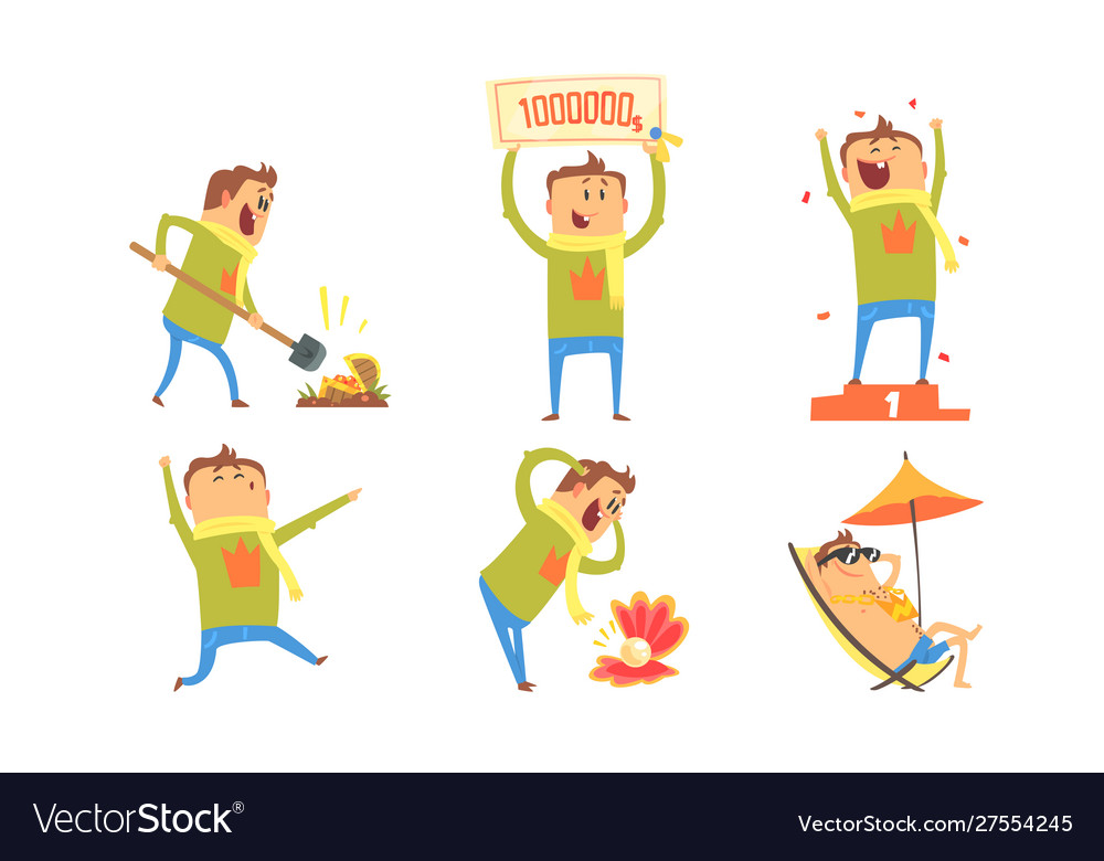 Collection lucky man cartoon character winning Vector Image