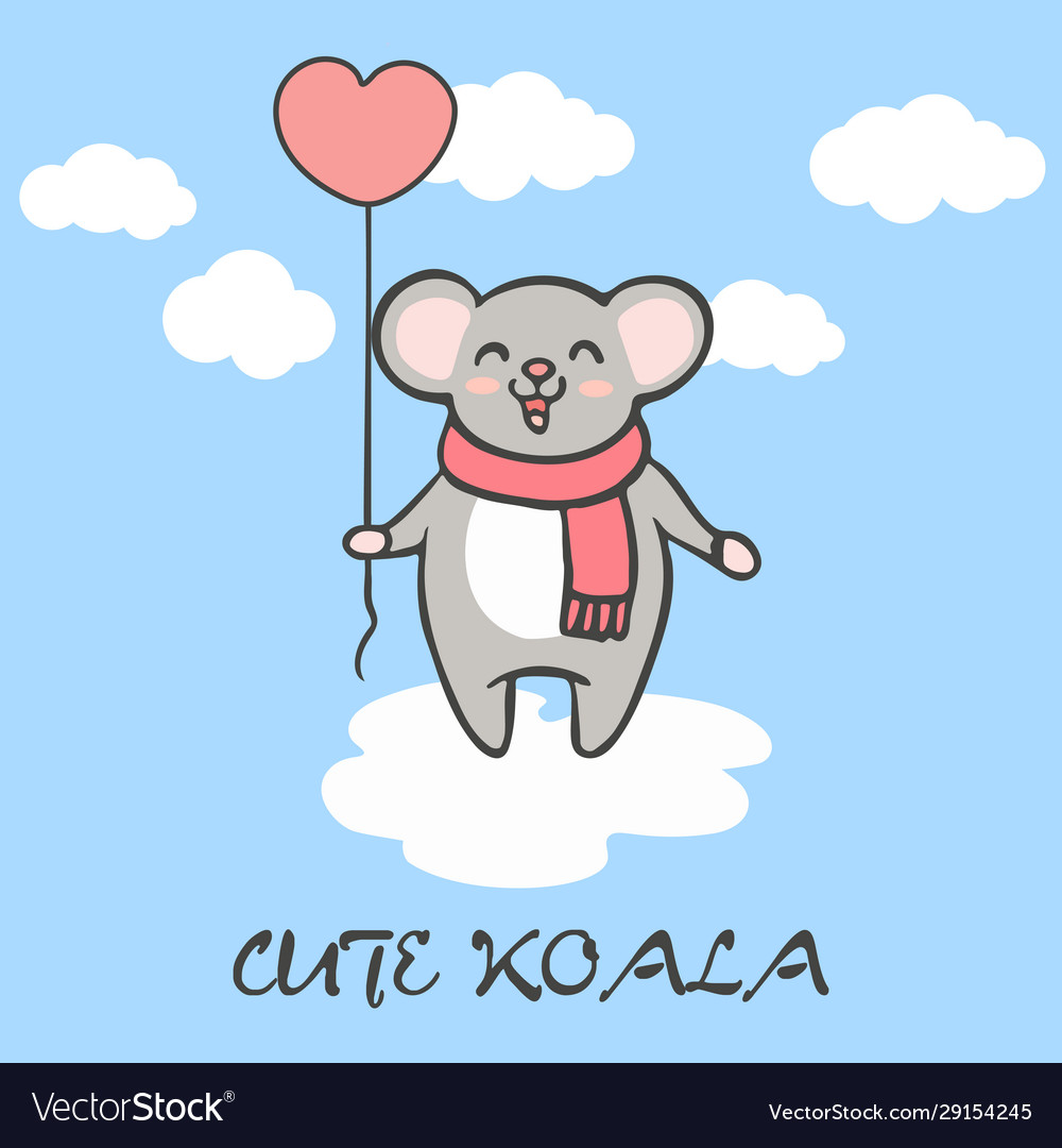 Cute koala flying in sky with heart balloon