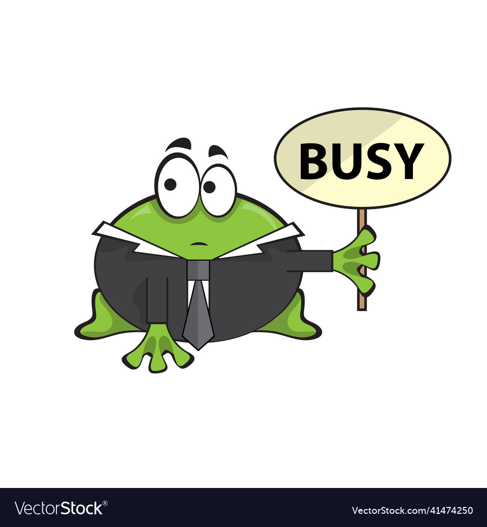 Cute businessman boss frog with a busy sign