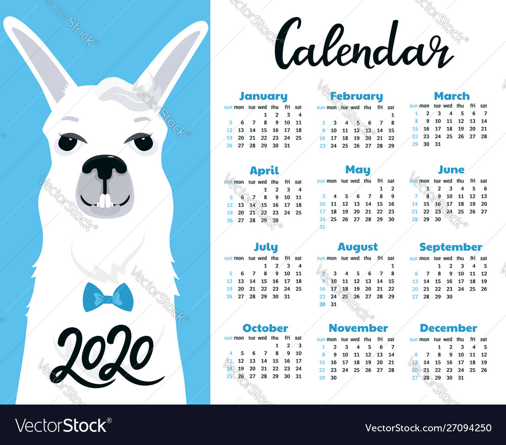 Funny smiling llama in a bow tie calendar Vector Image