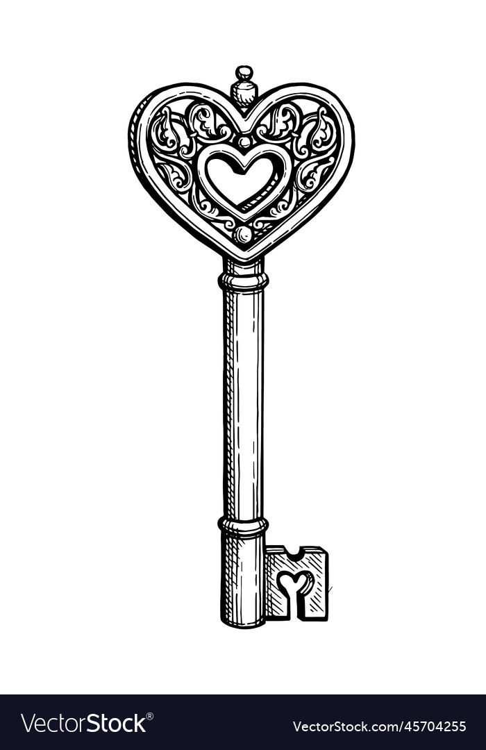 Heart shaped key ink sketch Royalty Free Vector Image