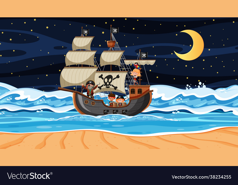 Ocean with pirate ship at night scene in cartoon