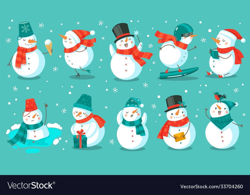 Snowman cheerful christmas snowmen in different vector image Snowman cheerful christmas snowmen in different