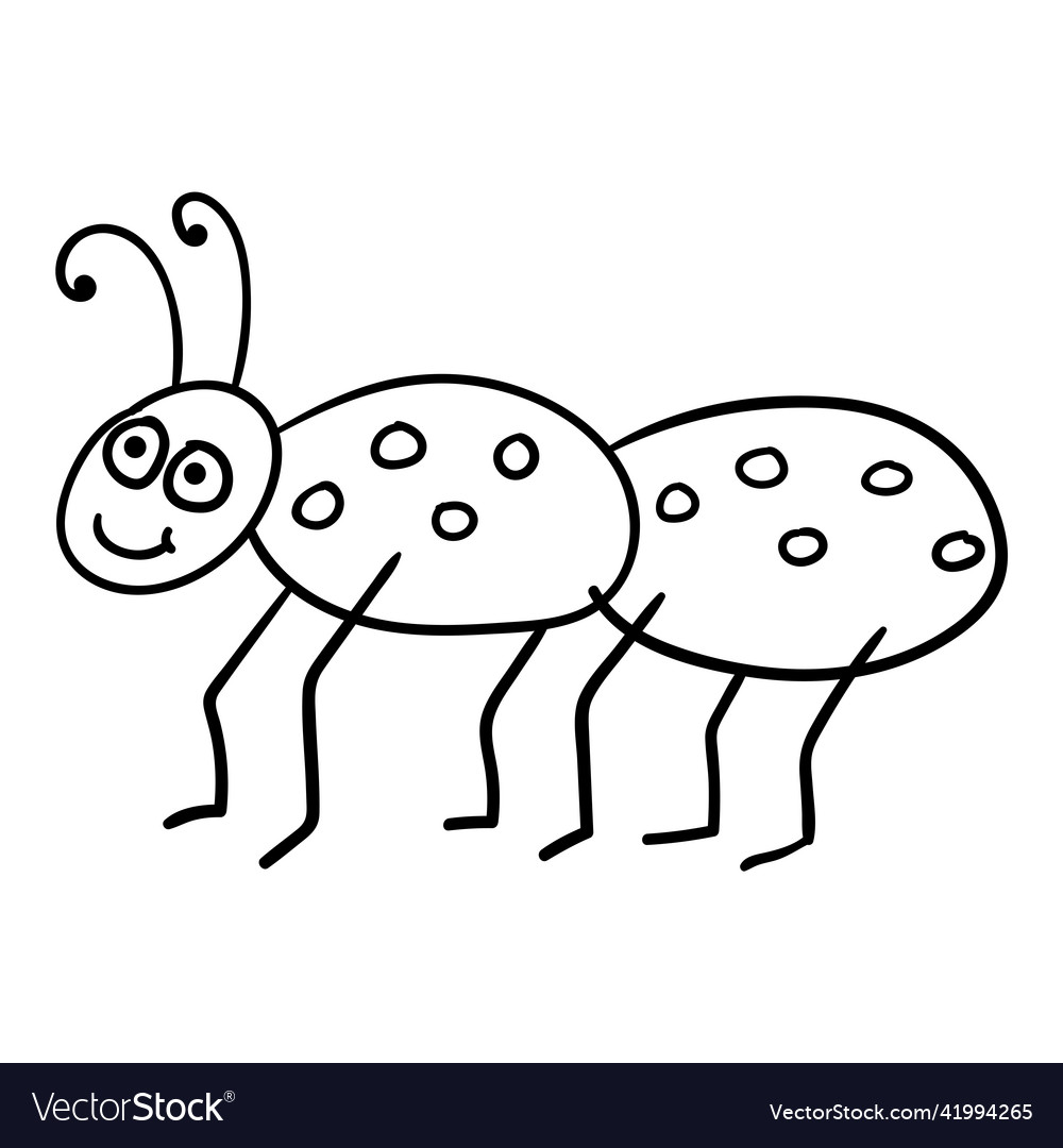 Cartoon linear doodle retro happy ant Royalty Free Vector