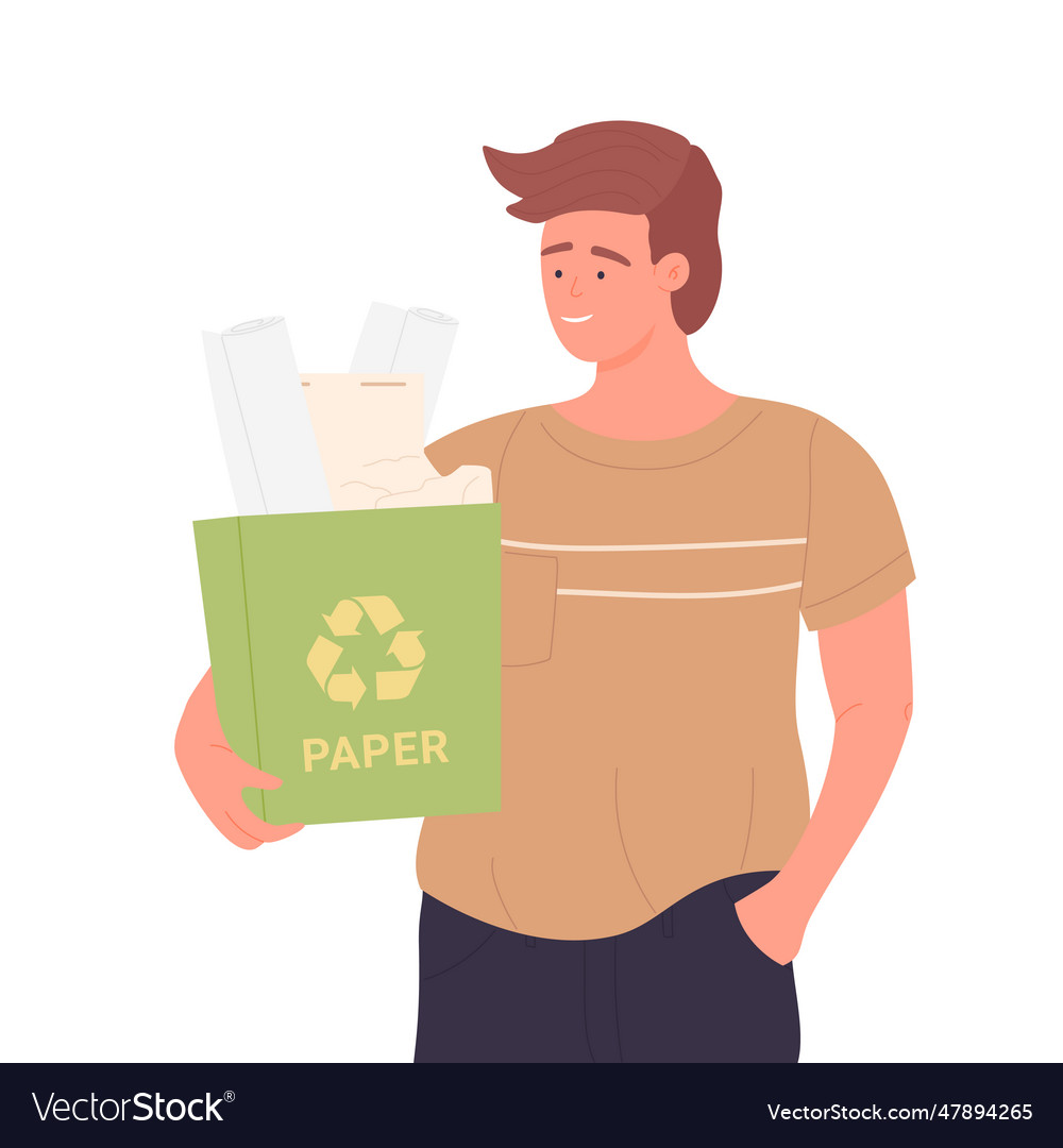 Man with paper recycling bin Royalty Free Vector Image