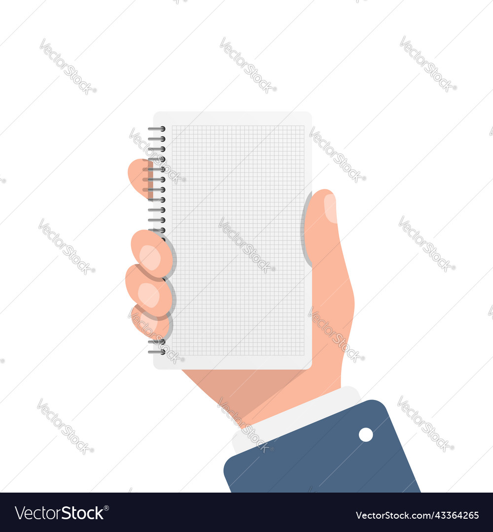 Notebook in hand flat style paper sheet