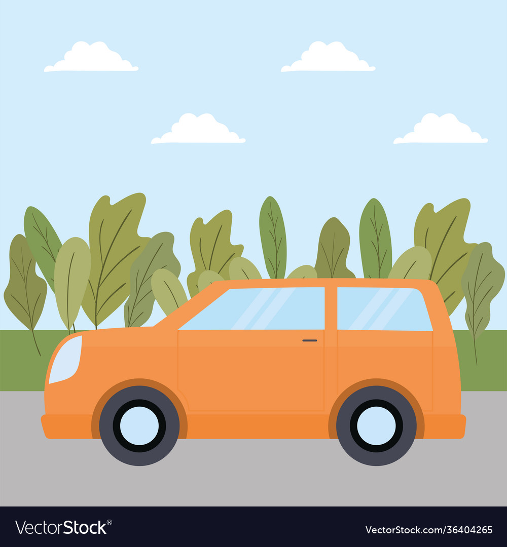 Orange car over a road Royalty Free Vector Image