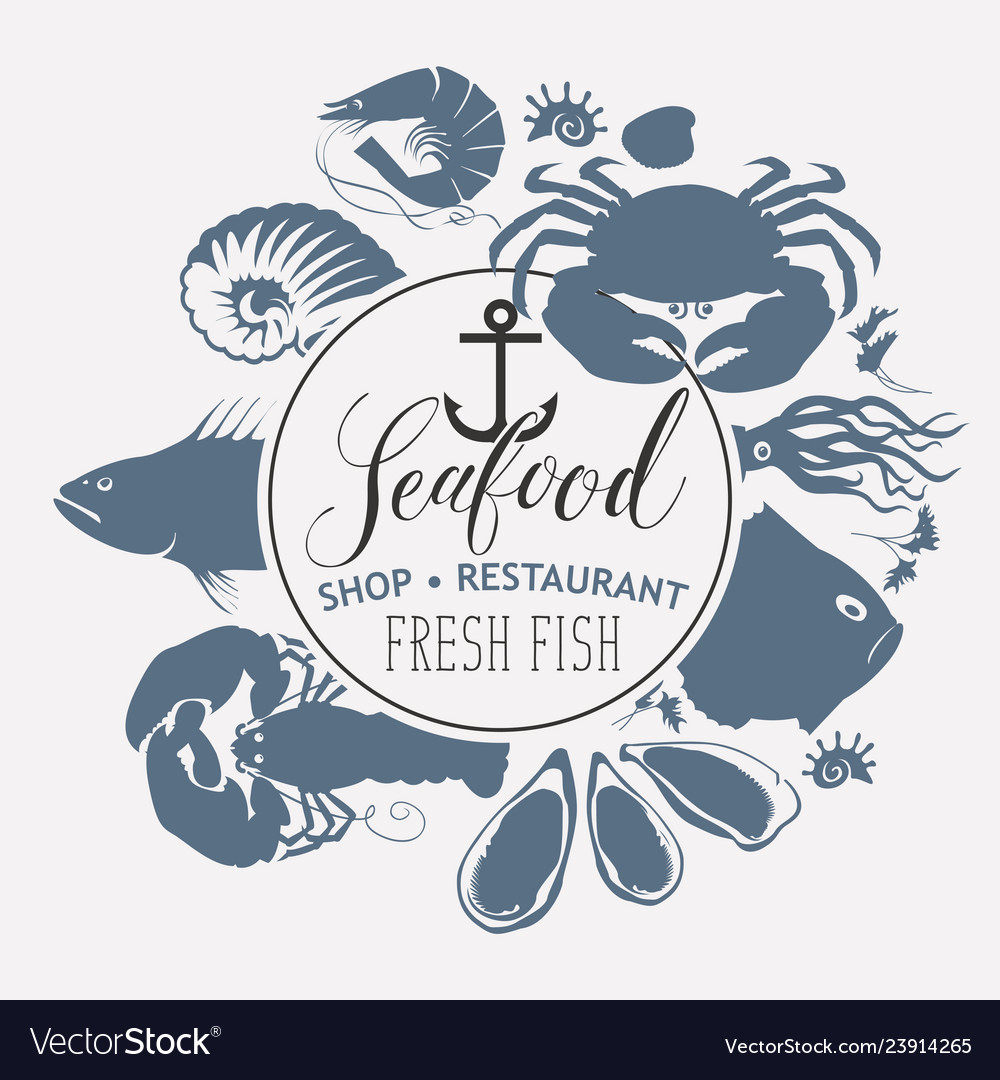 Seafood Banner With Sea Inhabitants And Lettering Vector Image