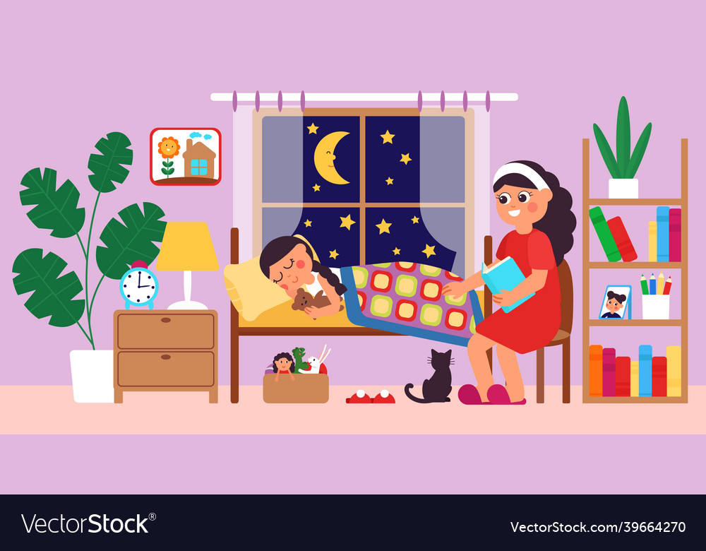 Children bedtime mother putting daughter bed mom Vector Image