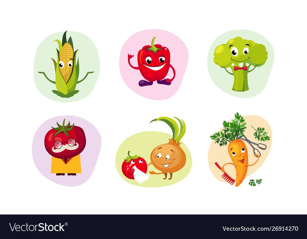 Cute happy vegetables characters set funny