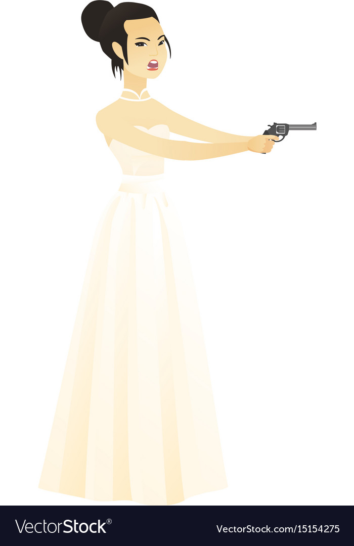 Bride in a white wedding dress holding handgun