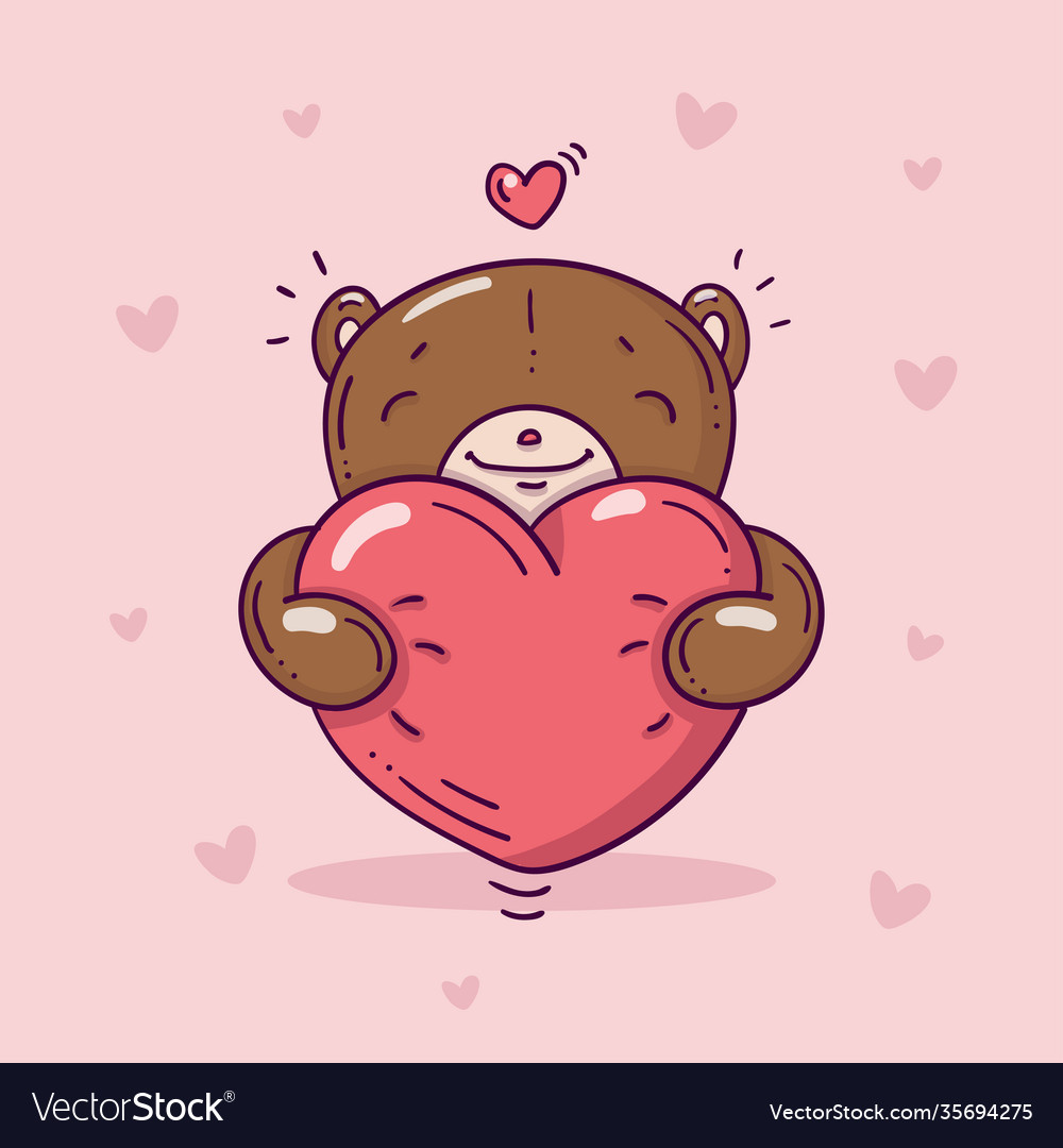 Teddy bear with big red heart in doodle style Vector Image