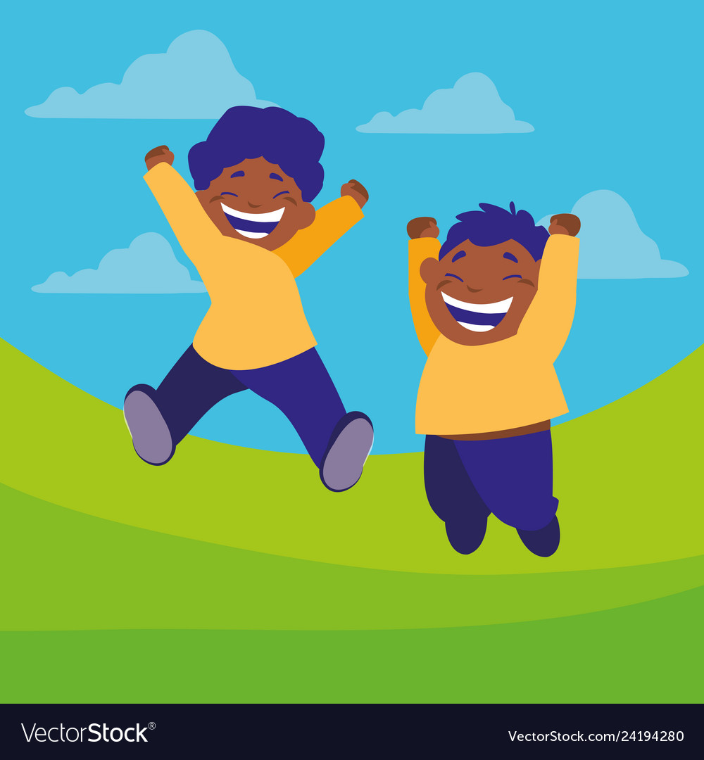 Happy black boys celebrating in the camp Vector Image