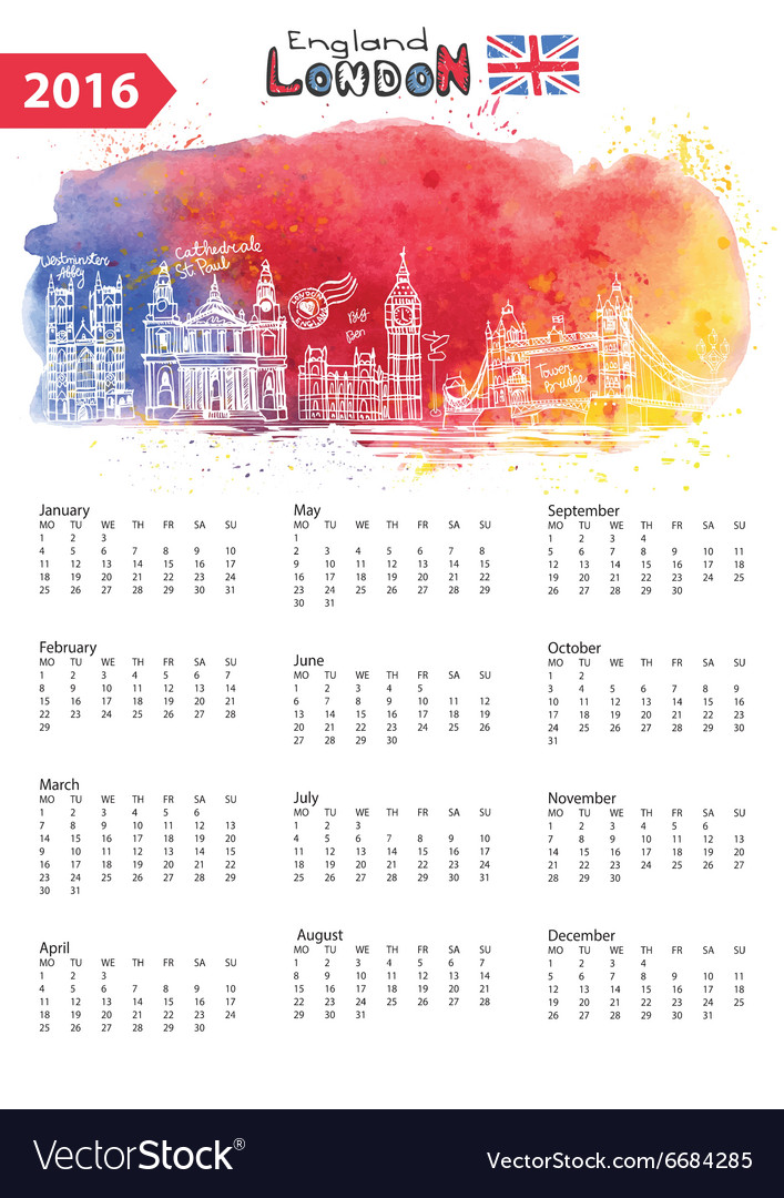 Kalender 2016london Landmarken Panoramawasserfarbe