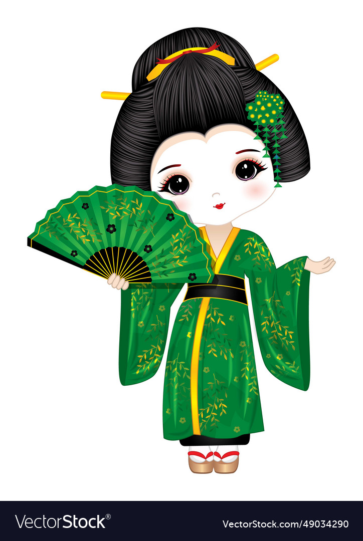 Beautiful geisha in green kimono Royalty Free Vector Image