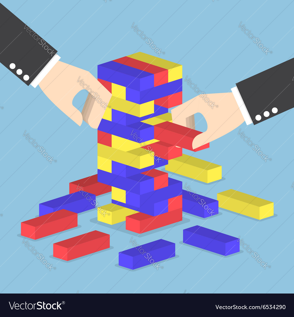 Businessman hands play wood block tower game Vector Image