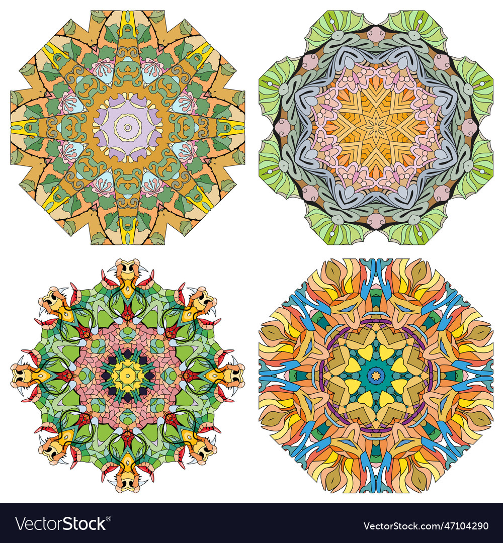 Hand drawn entangle set of 4 color mandalas