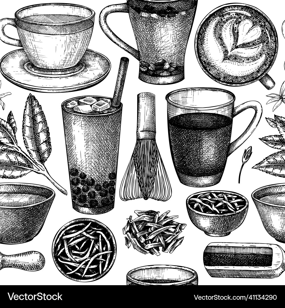 Hand-sketched tea drinks and ingredients seamless Vector Image