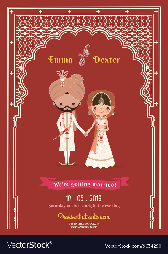 Indian wedding bride groom cartoon save the date Vector Image