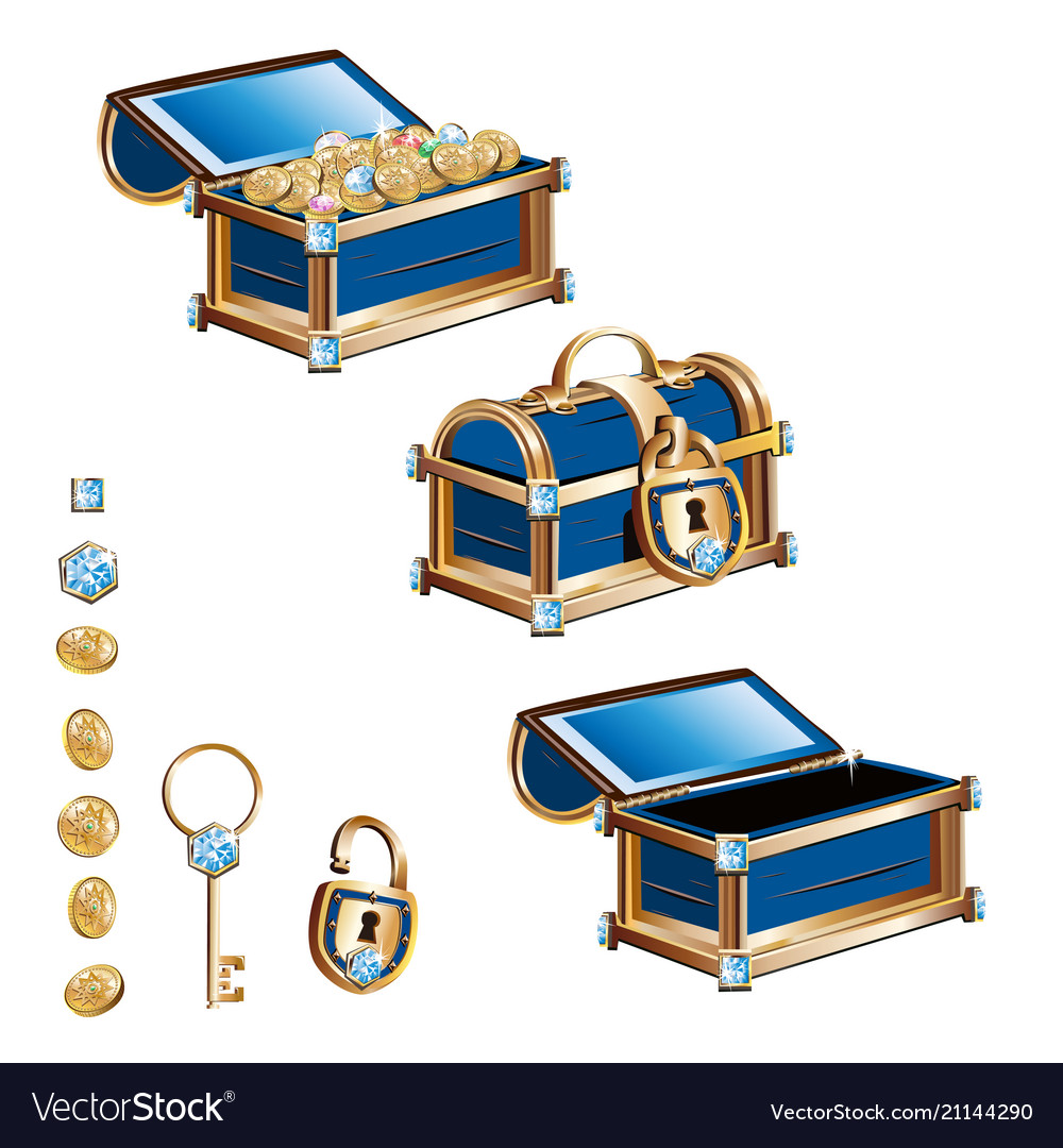 Treasure chest with gold coins and precious stones