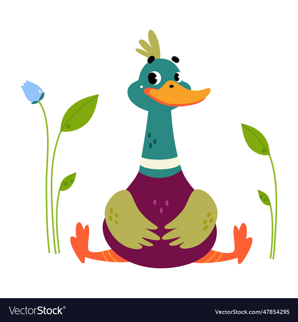 Funny dabbling duck character with wings sitting