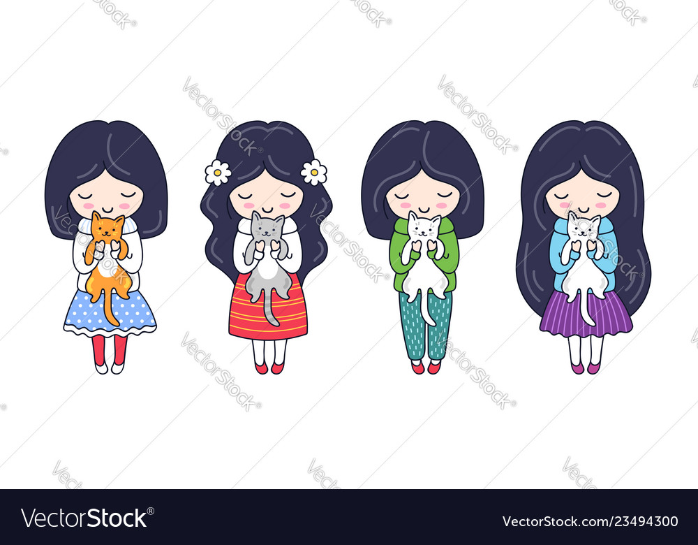 Set Of Cute Little Dark Haired Girls With Kittens Vector Image