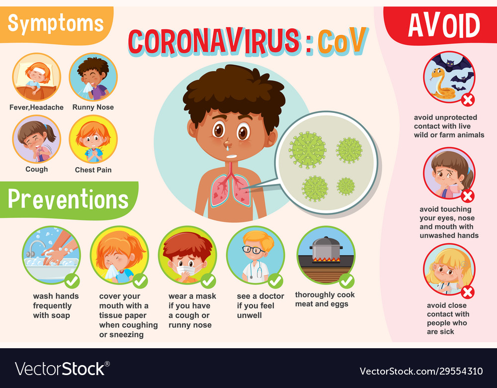 Diagram showing coronavirus with symptoms and Vector Image