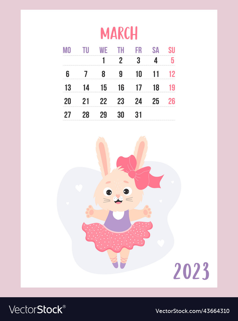 March 2023 calendar cute bunny girl ballerina