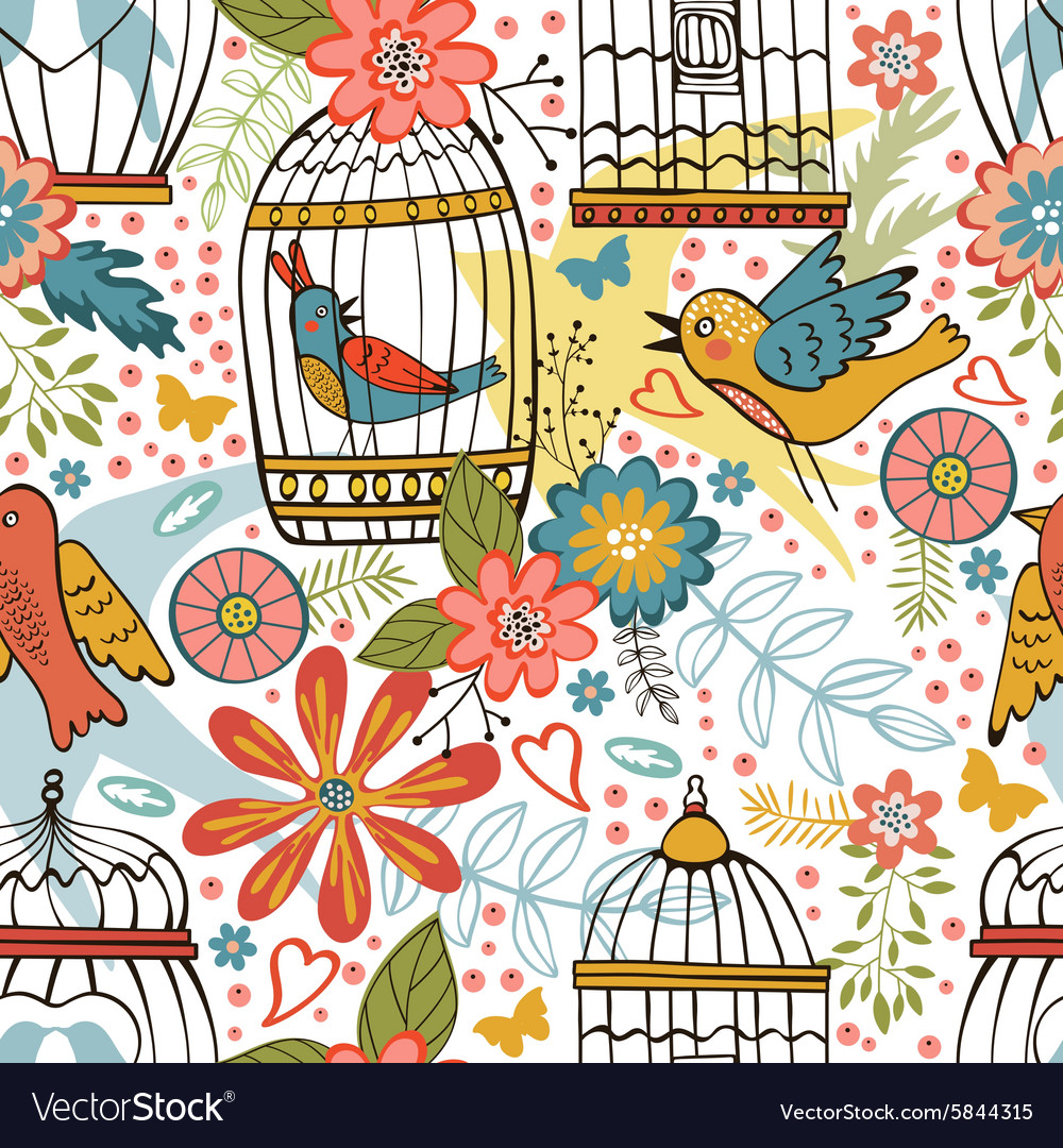 Elegant pattern with flowers bird cages and birds