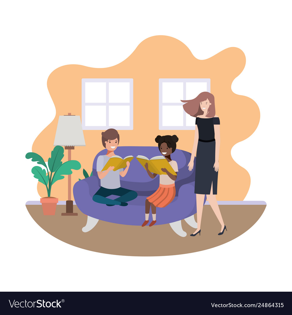 Mother And Children Sitting In Couch Avatar Vector Image