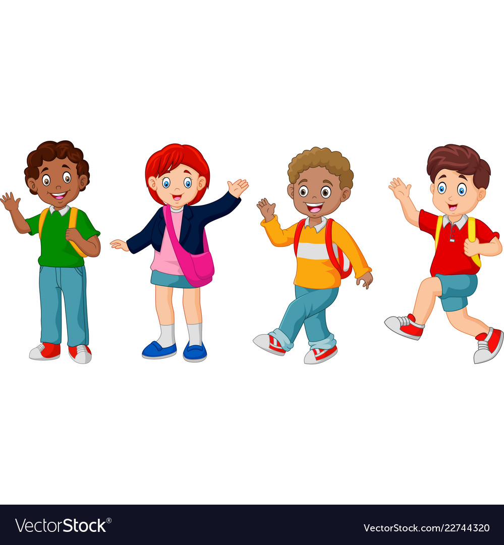 Boy and girl with backpack waving their hands