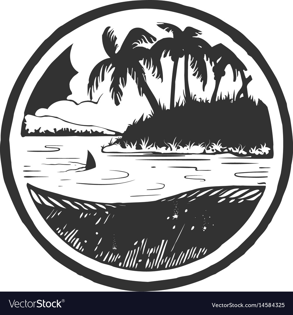 Sommerurlaub Emblem Insel mit Meer Sonnenaufgang