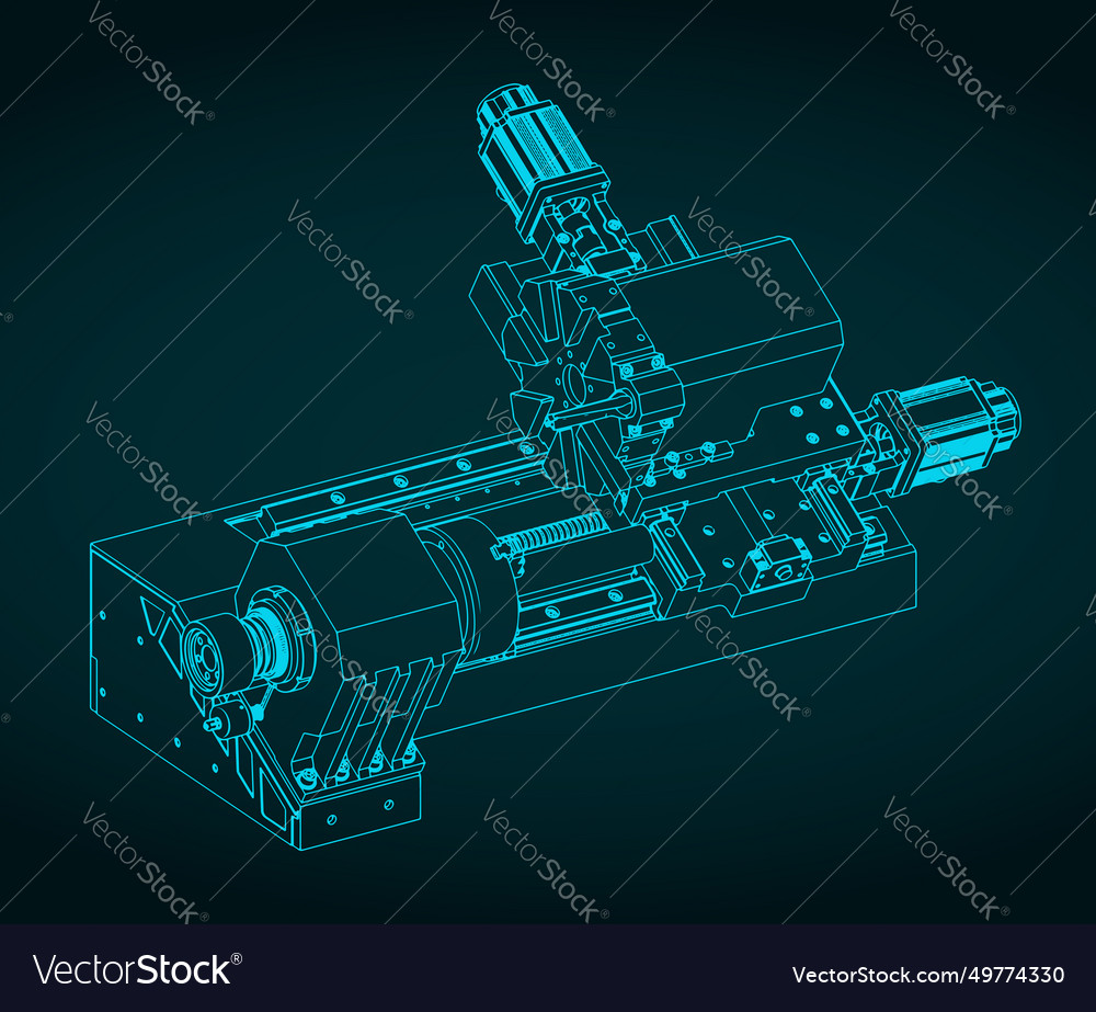 Cnc lathe machine isometric blueprint Royalty Free Vector