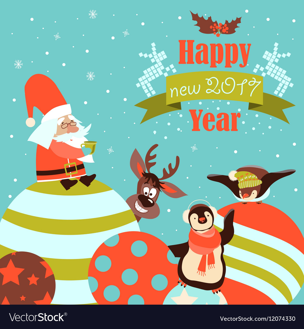 Funny Penguins With Santa Claus Celebrating