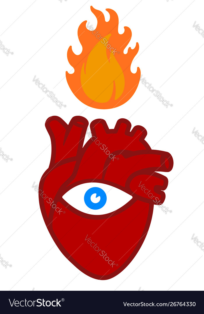 Line art burning heart icon love sight and flame