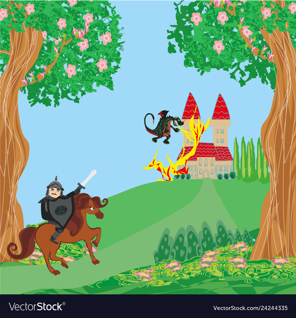 Dragon attacks the castle Royalty Free Vector Image